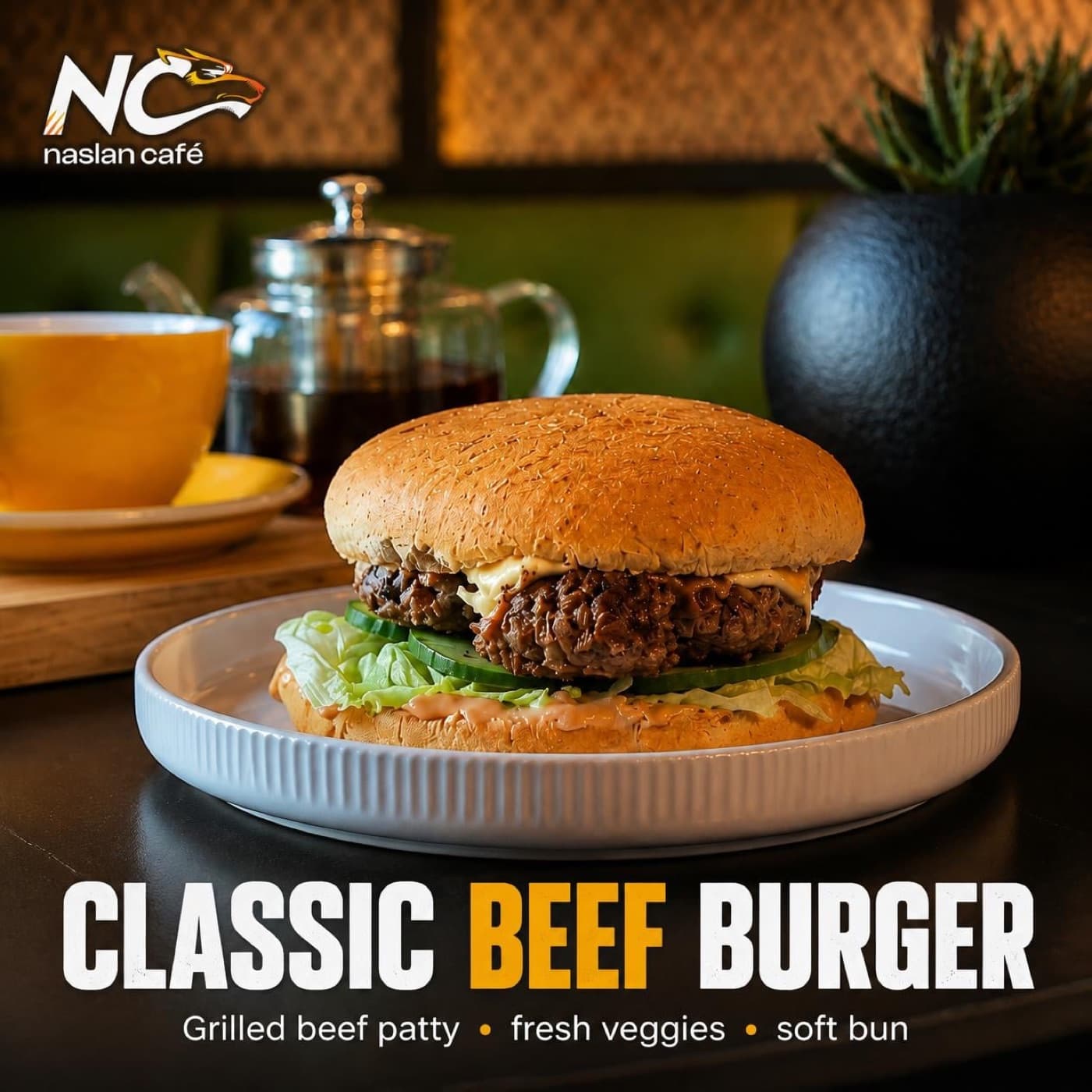 Classic Beef Burger with lettuce and cucumber on a white plate