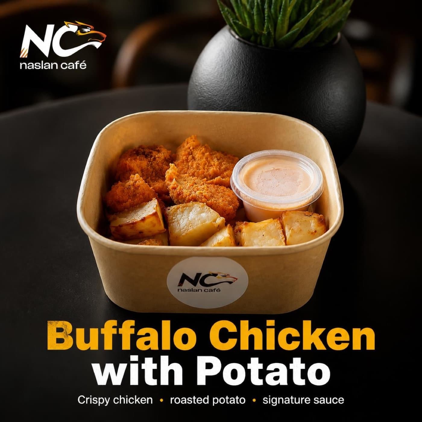 Buffalo Chicken with Potato in a Naslan Café takeaway box with signature sauce