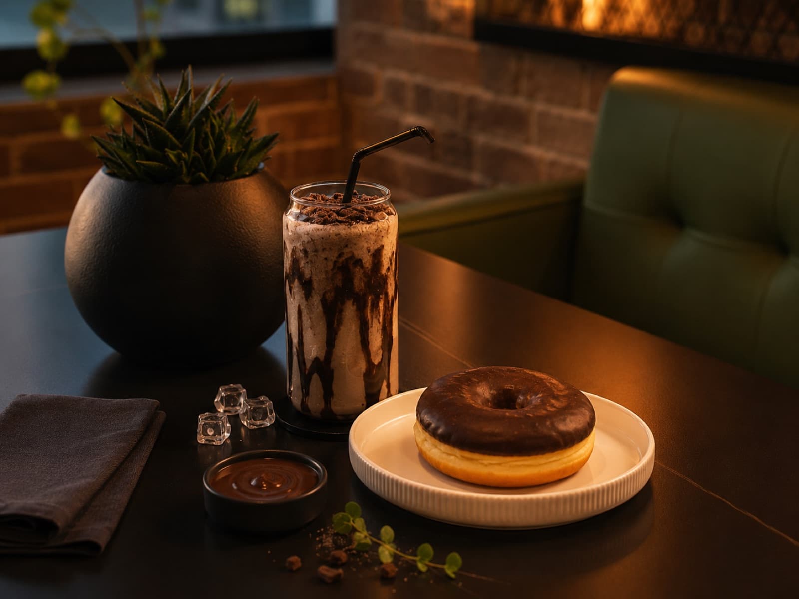 Blended chocolate drink served with a chocolate donut