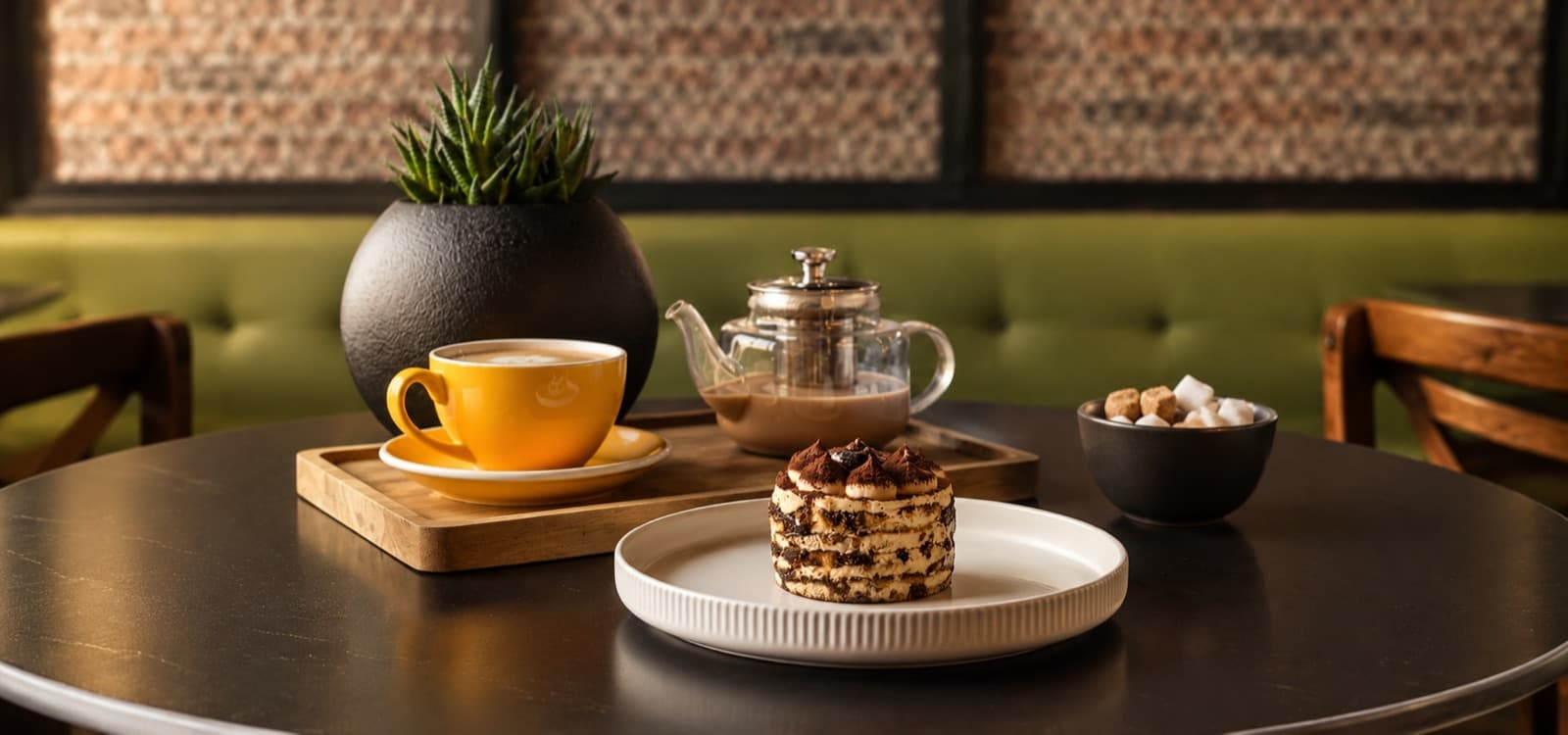 Tiramisu slice with a cup of coffee and a glass teapot